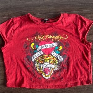 Ed Hardy Size L Cropped Red Graphic Tee “Love Runs Wild”